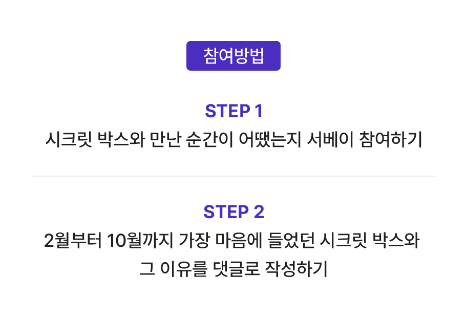 참여방법 1.시크릿 박스와 만난 순간이 어땠는지 서베이 참여하기 / 2.2월부터 10월까지 가장 마음에 들었던 시크릿 박스와 그 이유를 댓글로 작성하기