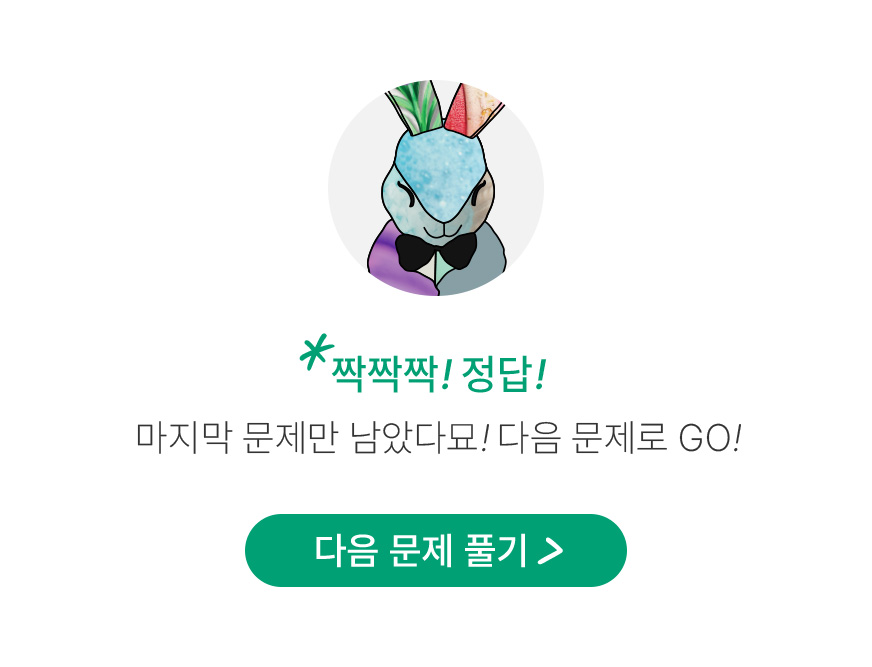 짝짝짝! 정답! 마지막 문제만 남았다묘! 다음 문제로 GO!
