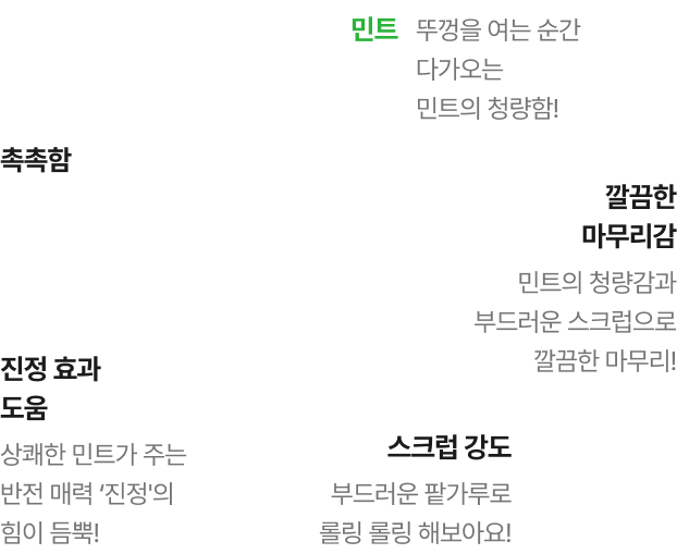 레몬, 촉촉함, 깔끔함, 마무리감, 진정 효과 도움, 스크럽 강도